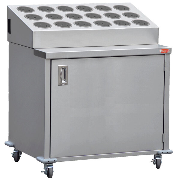A Steril-Sil stainless steel silverware cart with gray cylinders on wheels.