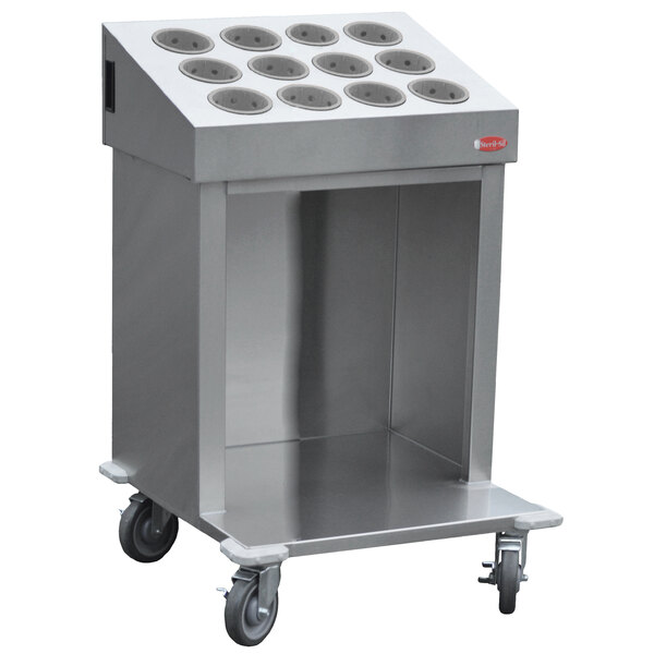 A Steril-Sil stainless steel silverware cart with 12 gray silverware cylinders on it.