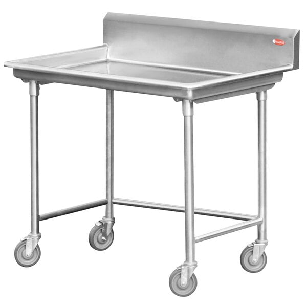 A Steril-Sil stainless steel sorting table with wheels.