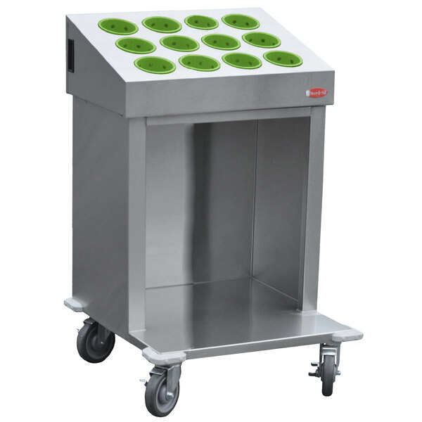 A stainless steel Steril-Sil silverware cart with lime green wheels.