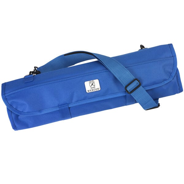 A blue Mercer Culinary knife roll with a strap.