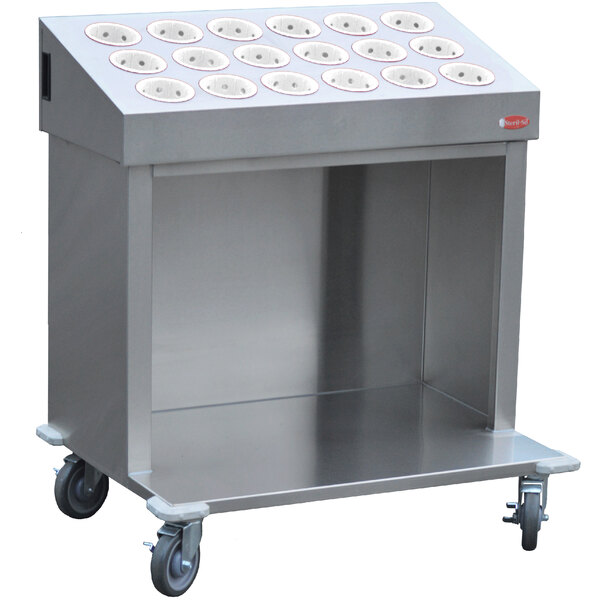 A Steril-Sil stainless steel cart with wheels and white silverware cylinders on it.