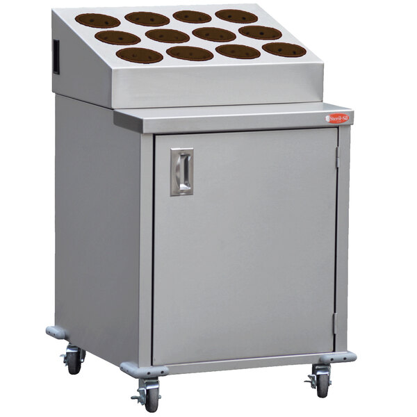 A Steril-Sil stainless steel silverware cart with 12 brown cylinders inside.