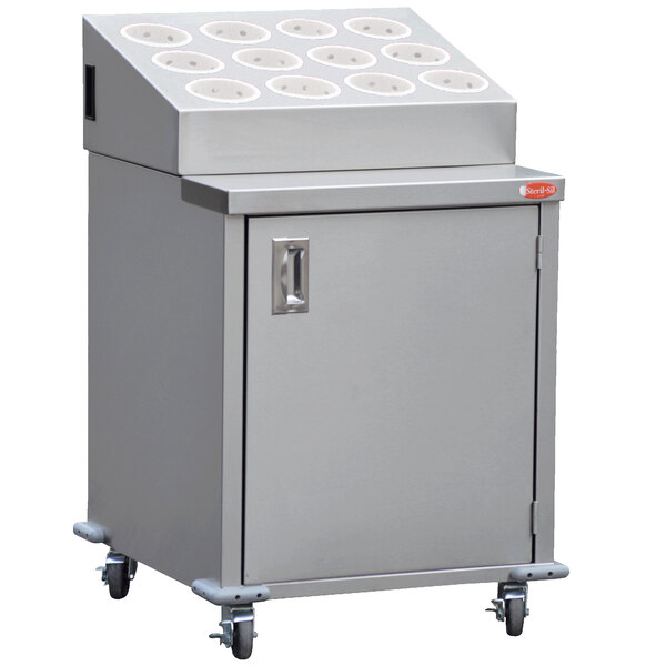 A large stainless steel Steril-Sil silverware cart with 12 white rectangular silverware cylinders.