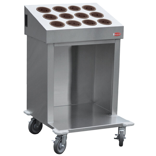 A Steril-Sil stainless steel silverware cart with 12 brown silverware cylinders on wheels.