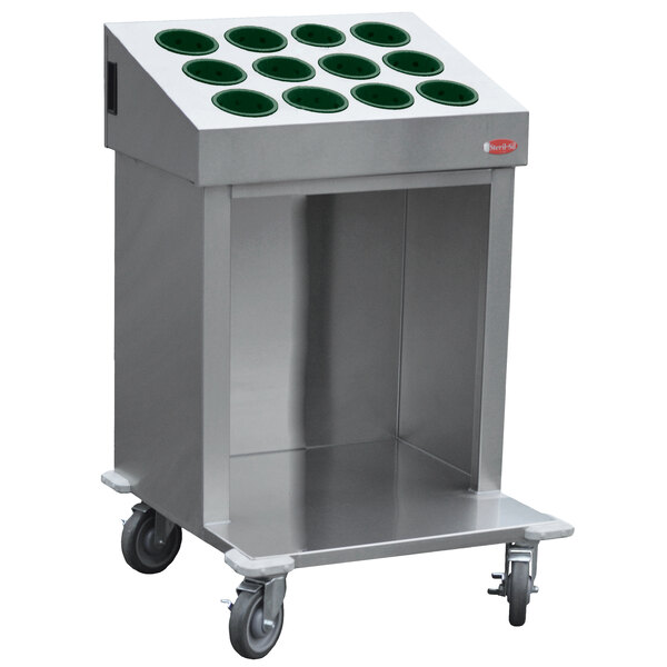 A Steril-Sil stainless steel open base silverware cart with green silverware cylinders on a counter.