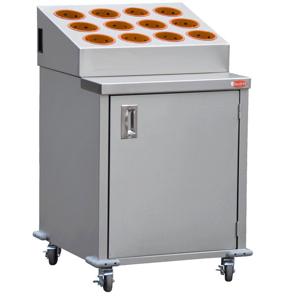 A large stainless steel cabinet on orange wheels with orange cylinders inside.