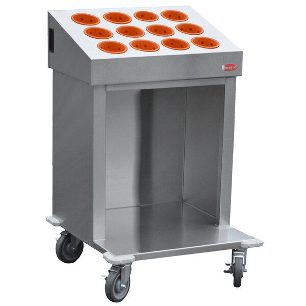 A stainless steel Steril-Sil silverware tray cart with orange wheels and silverware cylinders.