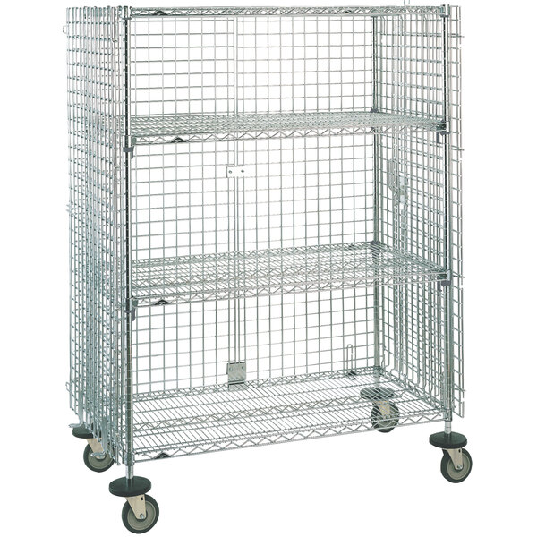 A Metro QwikSLOT wire security cabinet on wheels with wire mesh sides.