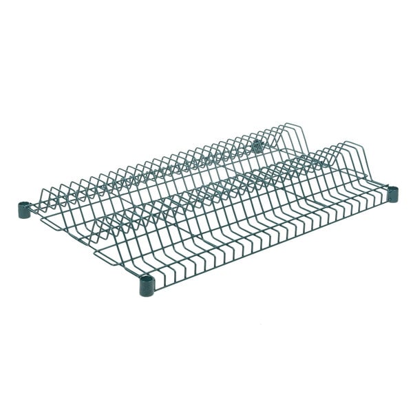 A green wire rack with rows of metal slots.