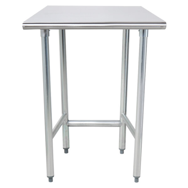 A silver stainless steel table with legs and a square top.