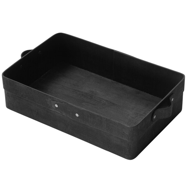 An American Metalcraft black rectangular poplar wood basket with handles.