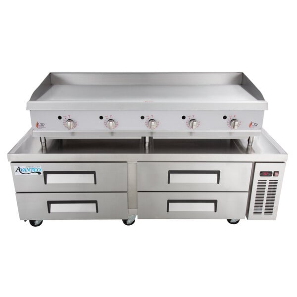 A Cooking Performance Group gas countertop griddle with refrigerated drawers.