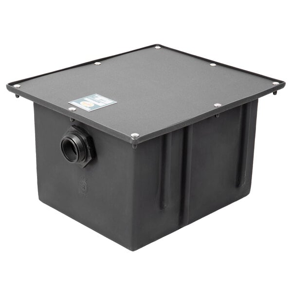 An Ashland black PolyTrap grease trap with threaded connections and a hole on top.
