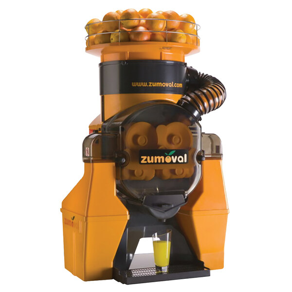 A Zumoval commercial orange juice machine filled with oranges.