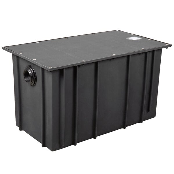 An Ashland black plastic rectangular grease trap with a lid and threaded connections.