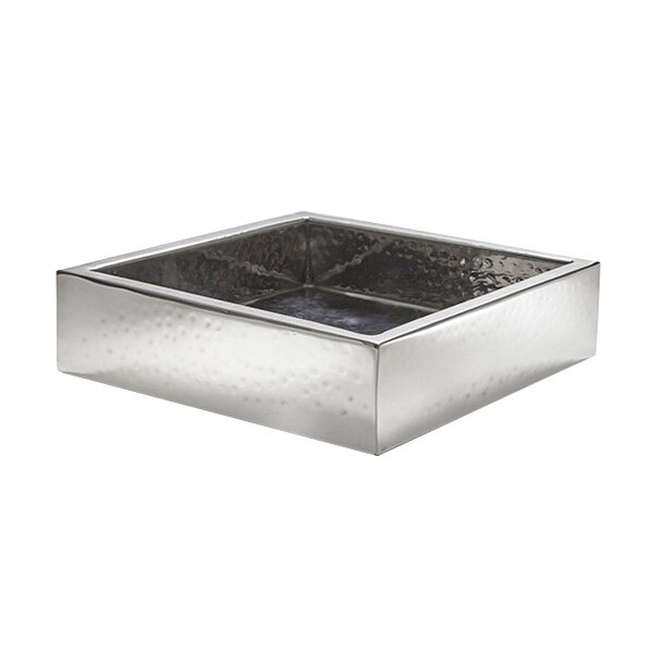 An American Metalcraft stainless steel square crate with a textured surface.