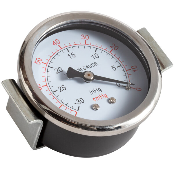 A close-up of a VacPak-It vacuum gauge with a red and black dial.