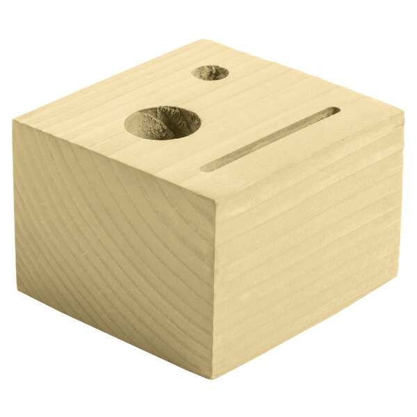 A customizable natural wood block check presenter with a cut out face.