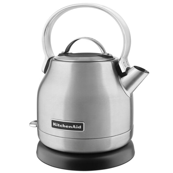A KitchenAid brushed stainless steel electric kettle with stainless steel handle.