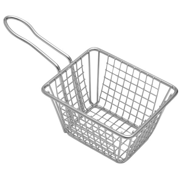 An American Metalcraft mini stainless steel fry basket with a handle.