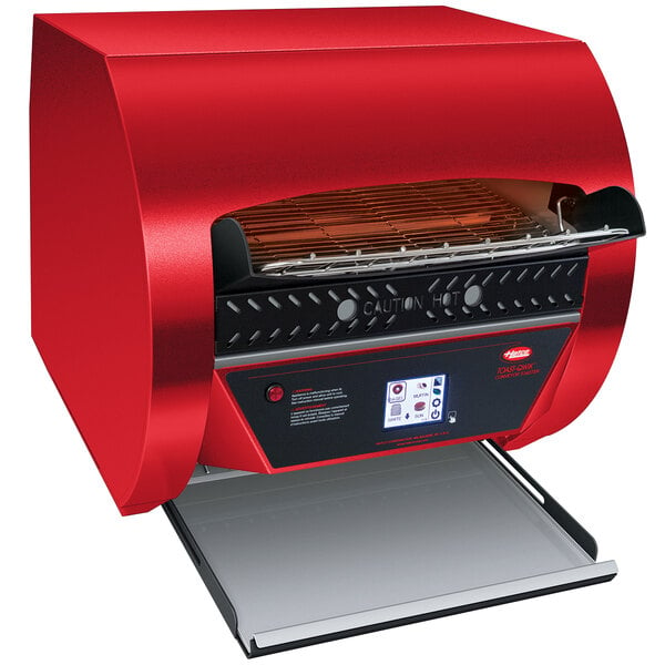 A red and black Hatco conveyor toaster with digital controls.