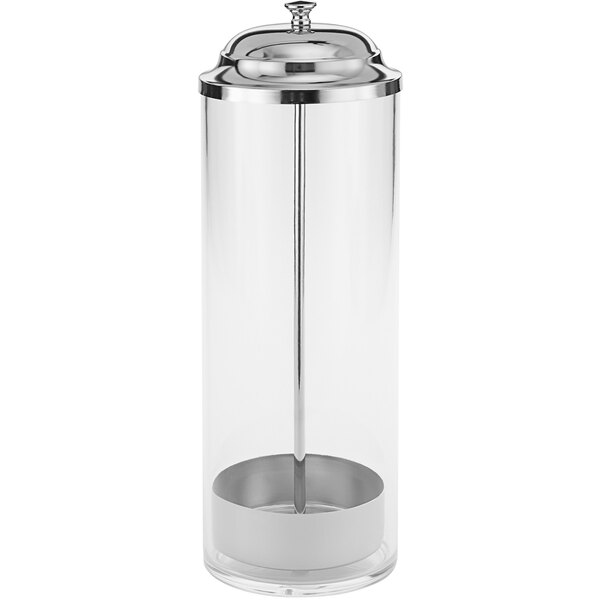 An American Metalcraft plastic countertop straw dispenser with a clear glass container and a metal lid and handle.