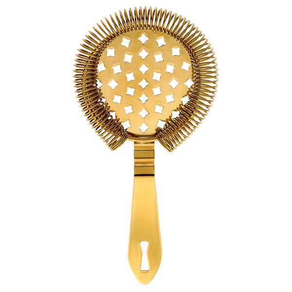 A gold Barfly Hawthorne strainer with a spiral handle.