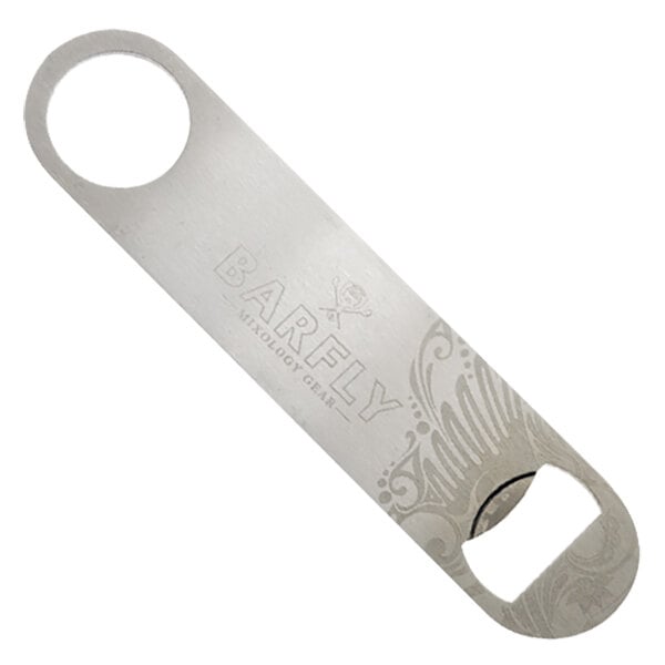 A close-up of a Barfly stainless steel bottle opener with a logo on it.