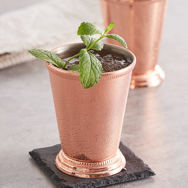 A Barfly copper mint julep cup with beaded trim holding a plant.
