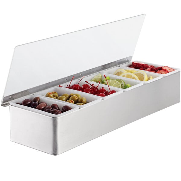 An American Metalcraft stainless steel condiment bar with containers of cherries, olives, and fruit.