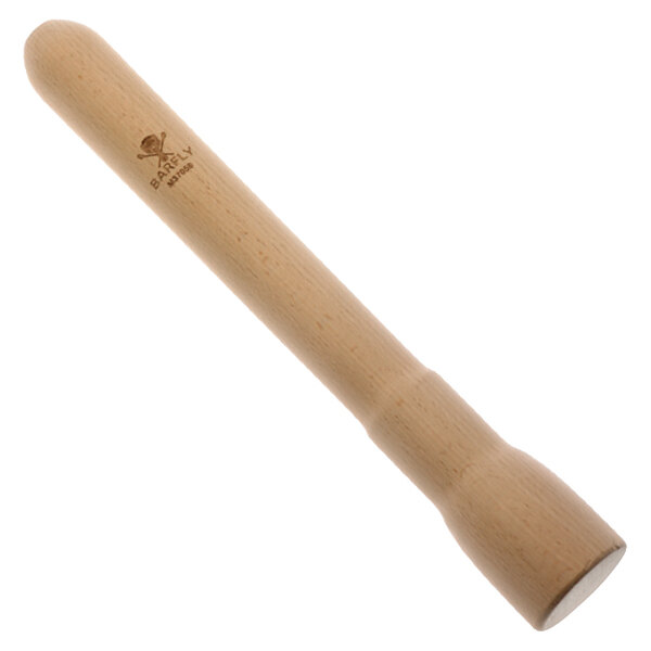 A Barfly natural wood muddler with a logo on the handle.