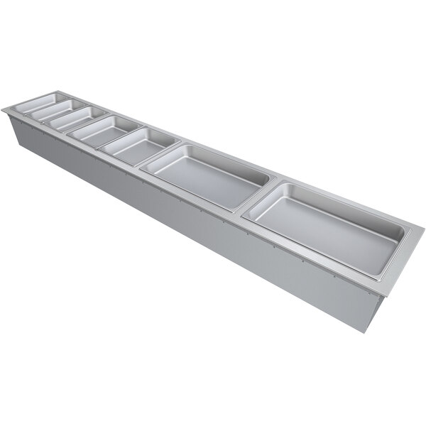 A long silver rectangular Hatco drop-in hot food well with four compartments.