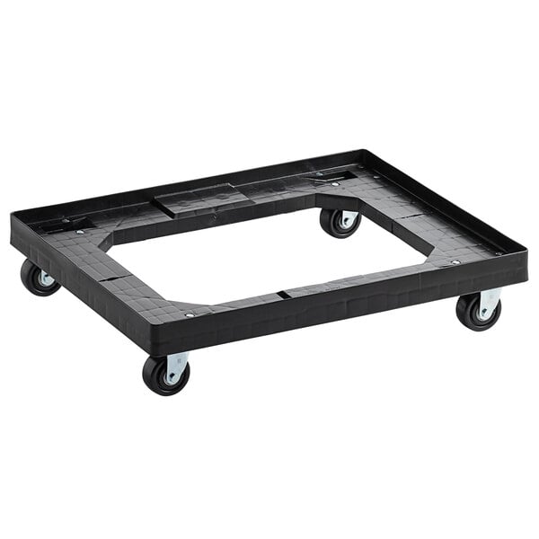 A black plastic dolly frame with wheels.