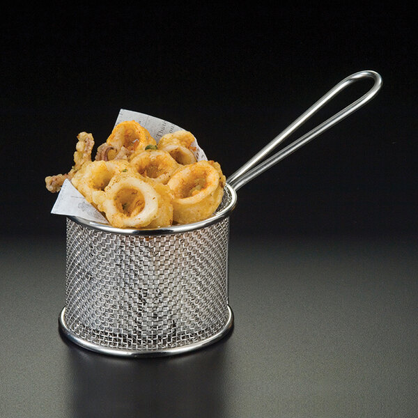 An American Metalcraft mini stainless steel fry basket with fried food in it.