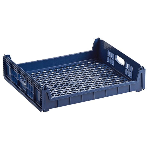 A blue Orbis bakery bread tray with holes.