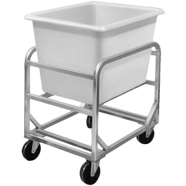 A Channel stainless steel lug rack with a white plastic bin on a metal frame.