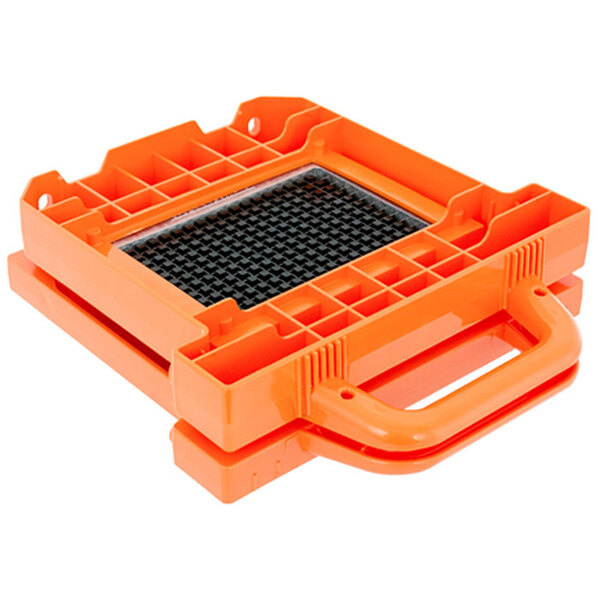 An orange plastic box with black grid and handle.