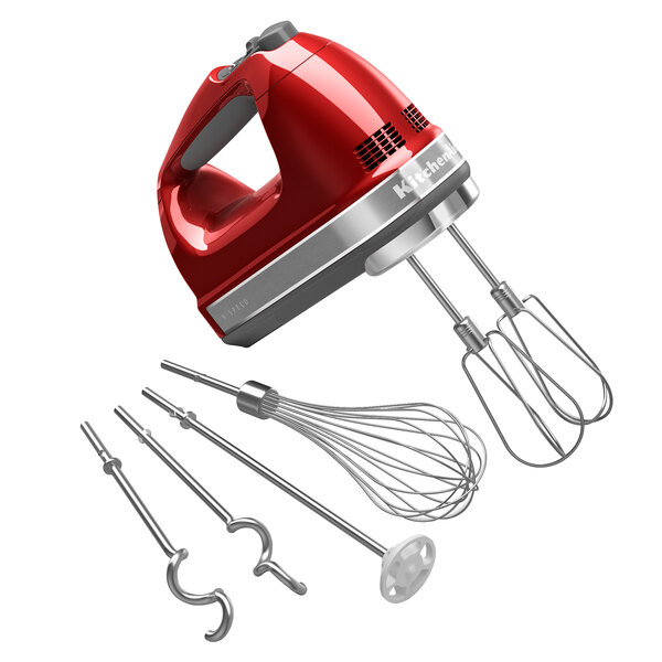 A red KitchenAid 9-speed hand mixer with stainless steel attachments.