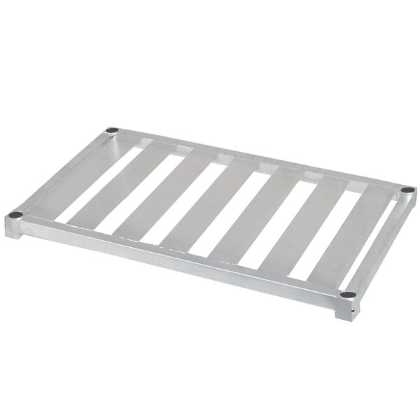 An adjustable aluminum T-bar shelf with four bars on it.