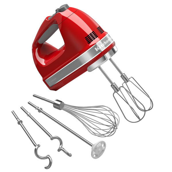 A red KitchenAid 9-speed hand mixer with silver trim and attachments.