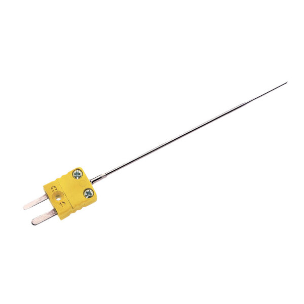 A yellow and silver metal Cooper-Atkins Type-K MicroNeedle probe with a yellow handle.