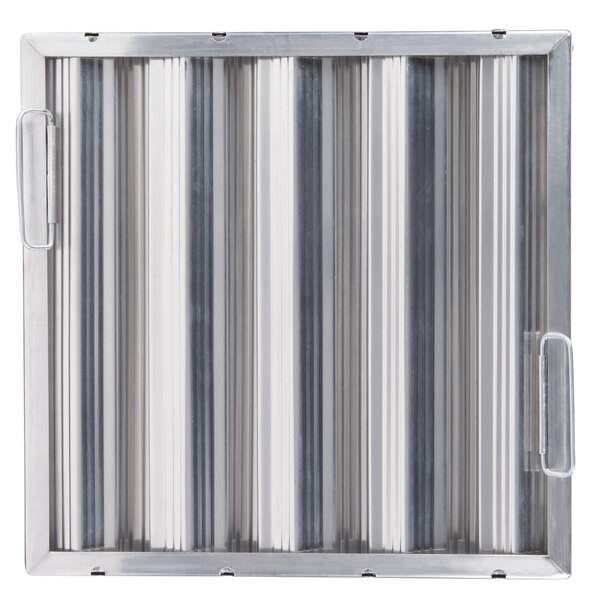 An aluminum hood filter with ridged baffles.