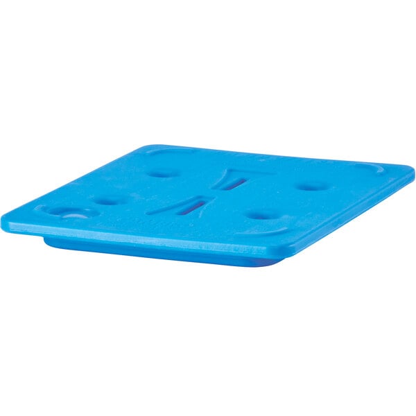 A blue plastic square with holes in it.