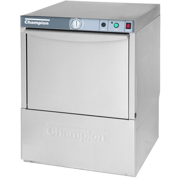 A Champion undercounter dishwasher with a silver finish and black dials.