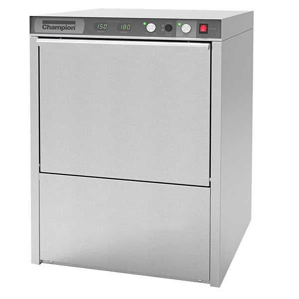 A stainless steel Champion undercounter dishwasher with buttons and dials.