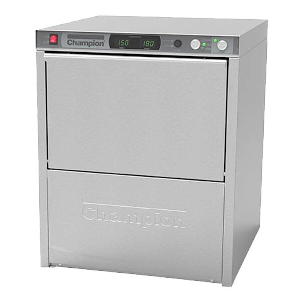 A silver rectangular Champion undercounter dishwasher with a display.