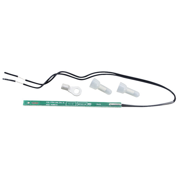 A white cable with two wires and a connector attached to a green and black electrical device.