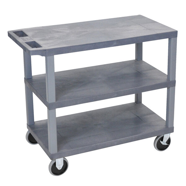 A gray plastic Luxor utility cart with three flat shelves and wheels.