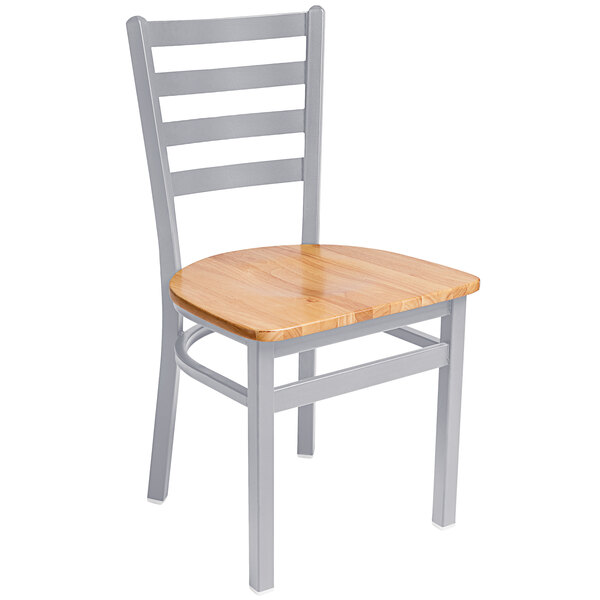 A BFM Seating Lima steel side chair with a natural wooden seat.